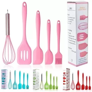 Kit com 5 Utensílios de Cozinha em Silicone – Colher Espátula, Espátula Pequena, Pincel, Resistentes