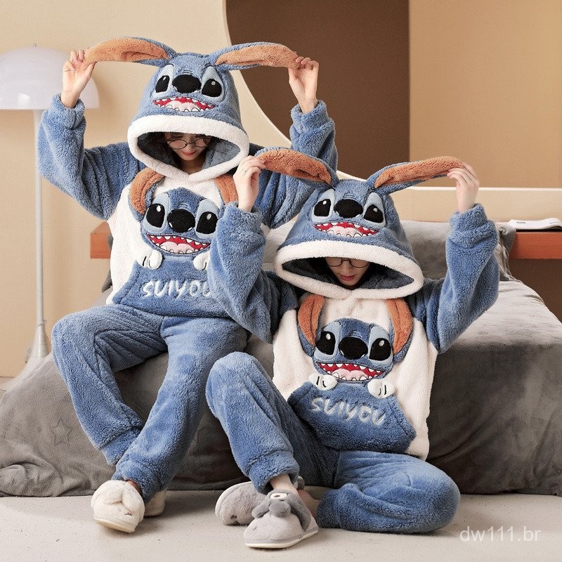 Pijamas de Inverno Casal Stitch com Capuz - Conjunto de Coral Fleece ...