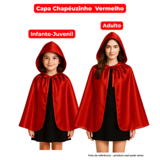 Capa Chapeuzinho Vermelho Curta com Capuz Adulto e Infantil Cetim