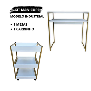 Kit Móveis Industrial Manicure Mesinha + Carrinho Auxiliar Salão de Beleza