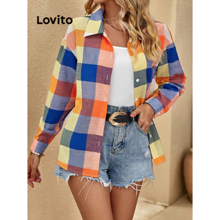 Lovito Blusa casual xadrez Padrão com botão frontal para mulheres LBL14220