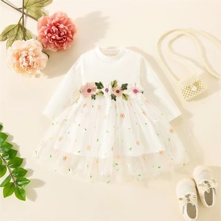 Vestido De Outono Novo Bebê De Manga Longa Branco Cartoon Floral Bordado Para Meninas Festa Saia