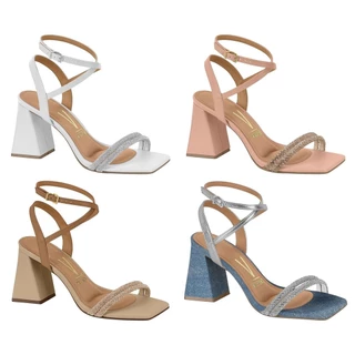 Sandália Vizzano Feminina Salto Bloco Geométrico Tira Strass Original - 6464119