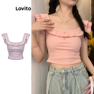 Lovito Camiseta feminina casual com babados lisos LNM74057
