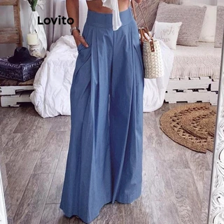 Lovito Calça casual simples com bolso plissado para mulheres LNL72006