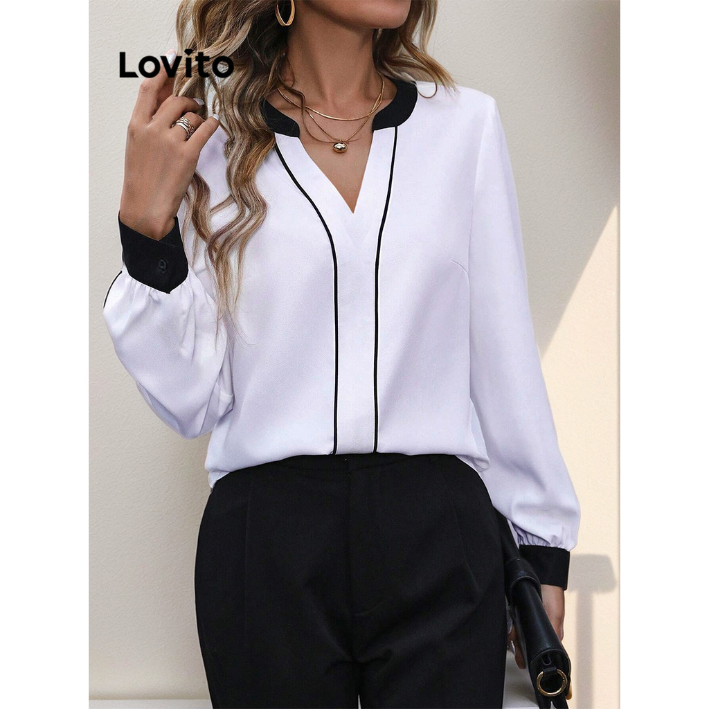 Lovito Blusa casual lisa colorblock para mulheres LBL14246