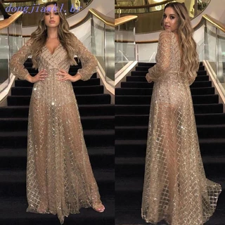 2023 Inverno Transfronteiriço Europeu Americano Novo Estilo para Mulheres Amazon Vestido Oco Sexy Decote em V Vestido de Dourado
