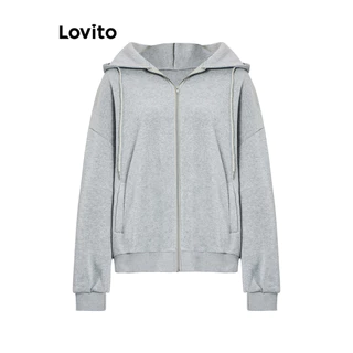 Lovito Casaco casual de malha canelada lisa com zíper para mulheres L100MD509