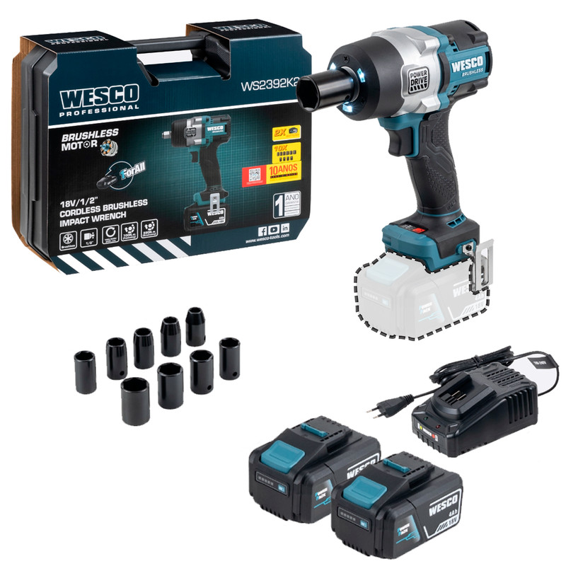 Chave Impacto Wesco 18v Brush 1/2 WS2392K2 2bat 4ah maleta