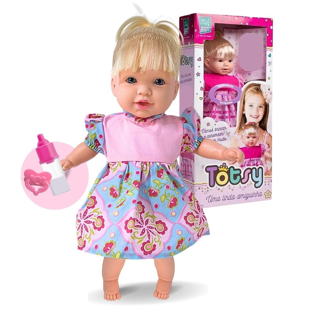 Brinquedo Menina Boneca Totsy fala 113 Frases com Chupeta e Mamadeira