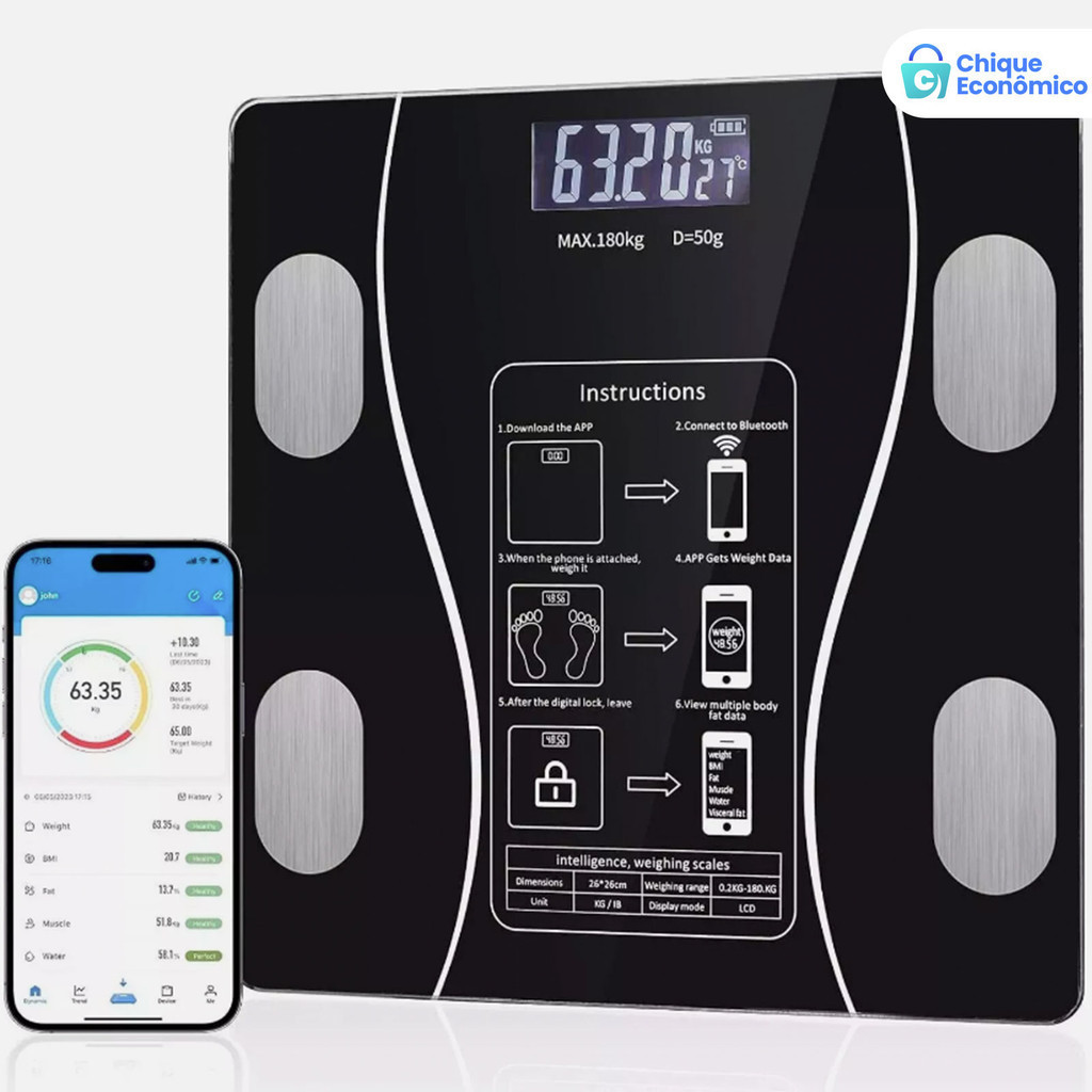 Balança Corporal Bioimpedância Profissional Bluetooth 180Kg Pilhas ...