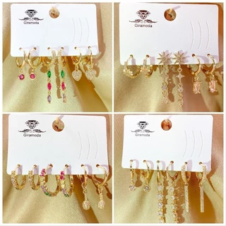 Kit 3 Pares brincos cravejado pedra de zirconia argolinha pingente gota/coracao/correntinha/ folheados a ouro18k e prata 925