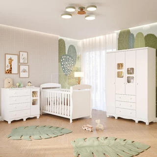 Quarto Bebê Completo Berço Americano Marquesa 3em1 Guarda Roupa 4 Portas Cômoda Uli 100% MDF Peroba