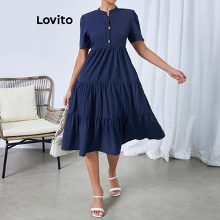 Lovito Vestido elegante de camada frontal com botão liso para mulheres LBL16070