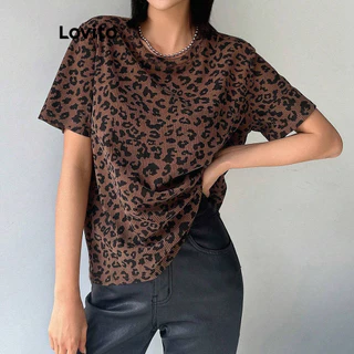 Lovito Camiseta feminina casual com costura em tecido leopardo LBL16297