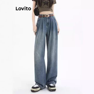 Lovito Jeans de bolso lavado com botão liso vintage para mulheres LNE74362
