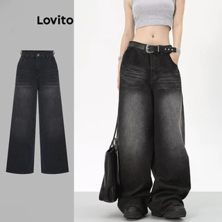 Lovito Jeans casual simples com lavagem crua para mulheres 102AD449