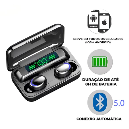 Fone De Ouvido Tws F9 5 Bluetooth 5.0 A Prova Dágua E Powerbank