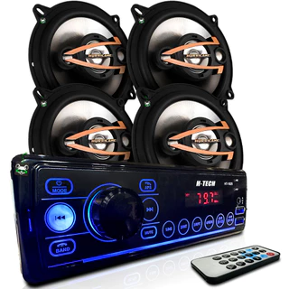 Kit Rádio Mp3 Som Automotivo + 2 Pares Alto Falante Quadriaxial 5 Pol 160w