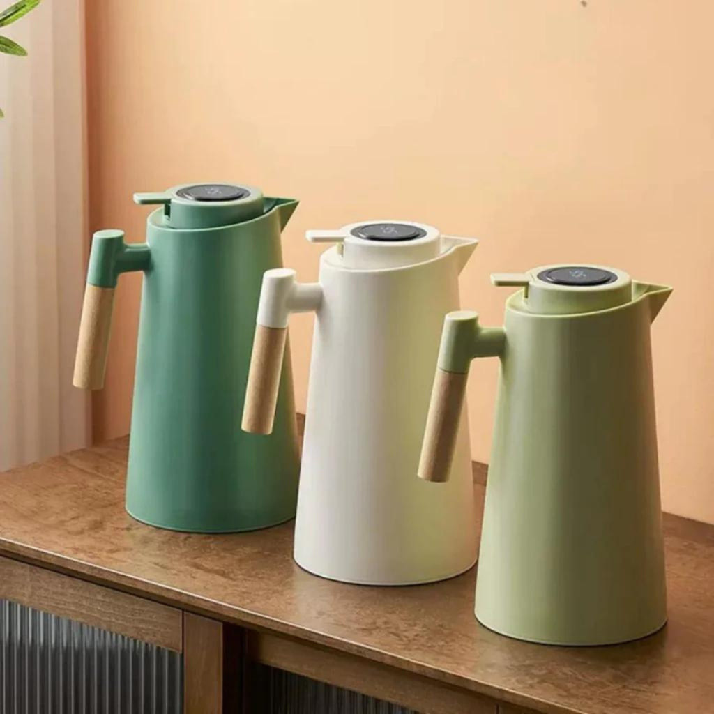 Garrafa Térmica Nórdica 1L - Premium com Termômetro, Perfeita para Café, Chá, Isolamento Térmico e Estilo Elegante com Cabo de Madeira