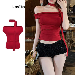 Lovito Camiseta glamorosa lisa com cadarço e fita plissada para mulheres L102AD117