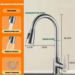 Torneira Gourmet de Cozinha Misturador Monocomando Com Extensor Articulável e Flexível Aço Inox