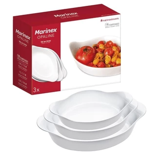 Kit Conjunto De Assadeiras Oval Opaline 3 Peças Branco Marinex Forno Geladeira