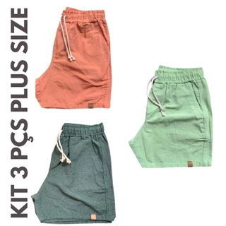 Kit 3 Shorts Mauricinho Plus Size Fio Tinto Linho 3 Bolsos