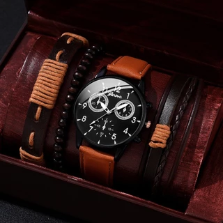 4PCS Homem Luxo Moda Design De Bracelete De Couro Conjunto De Presentes De Quartzo Para Sem Caixa