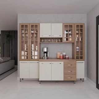 Cozinha Modulada Compacta Fidelitá Paris 4 Peças 225cm 11 Portas 3 Gavetas Com Tampo Nogal/Salinas