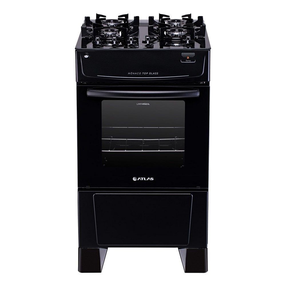 Fogão 4 Bocas Atlas Mônaco Top Glass Acendimento Automático Preto