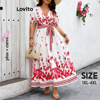 Lovito Vestido feminino com estampa floral elegante e curva plus size LNL67153
