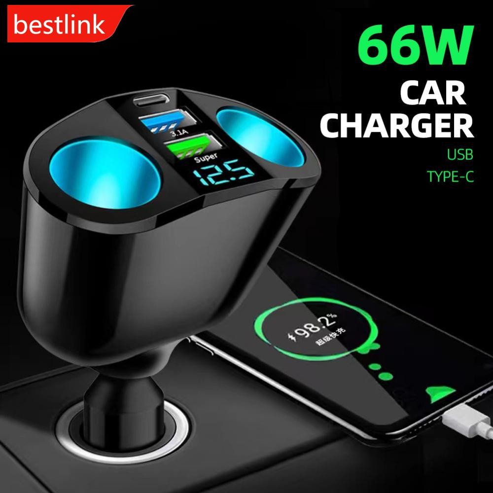 Z3R7 Presa Accendisigari Auto Multipla Con 5 Porte - 2 USB + 1 PD QC3.0 + 2 Prese, Luce Atmosfera Blu, Voltmetro, 120W