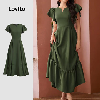 Lovito Vestido Casual com Babado Toque Suave Ao Toque para Primavera/verão Verde para mulheres LBL26262