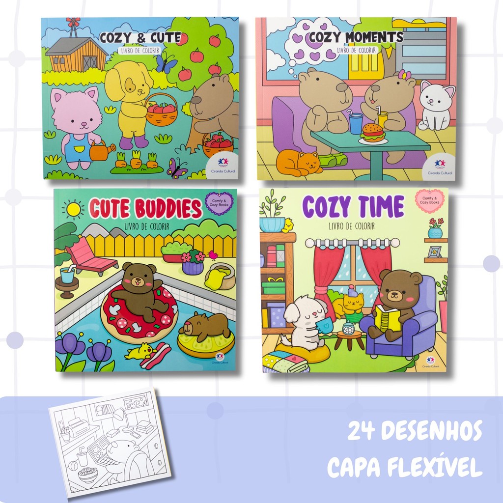 Livro de Colorir Cozy Friends ORIGINAL 24 Desenhos Grandes Agradáveis e ...