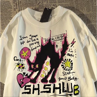Camiseta Unissex Oversized, Estampa Gato Preto com Textos Coloridos, Streetwear Novo