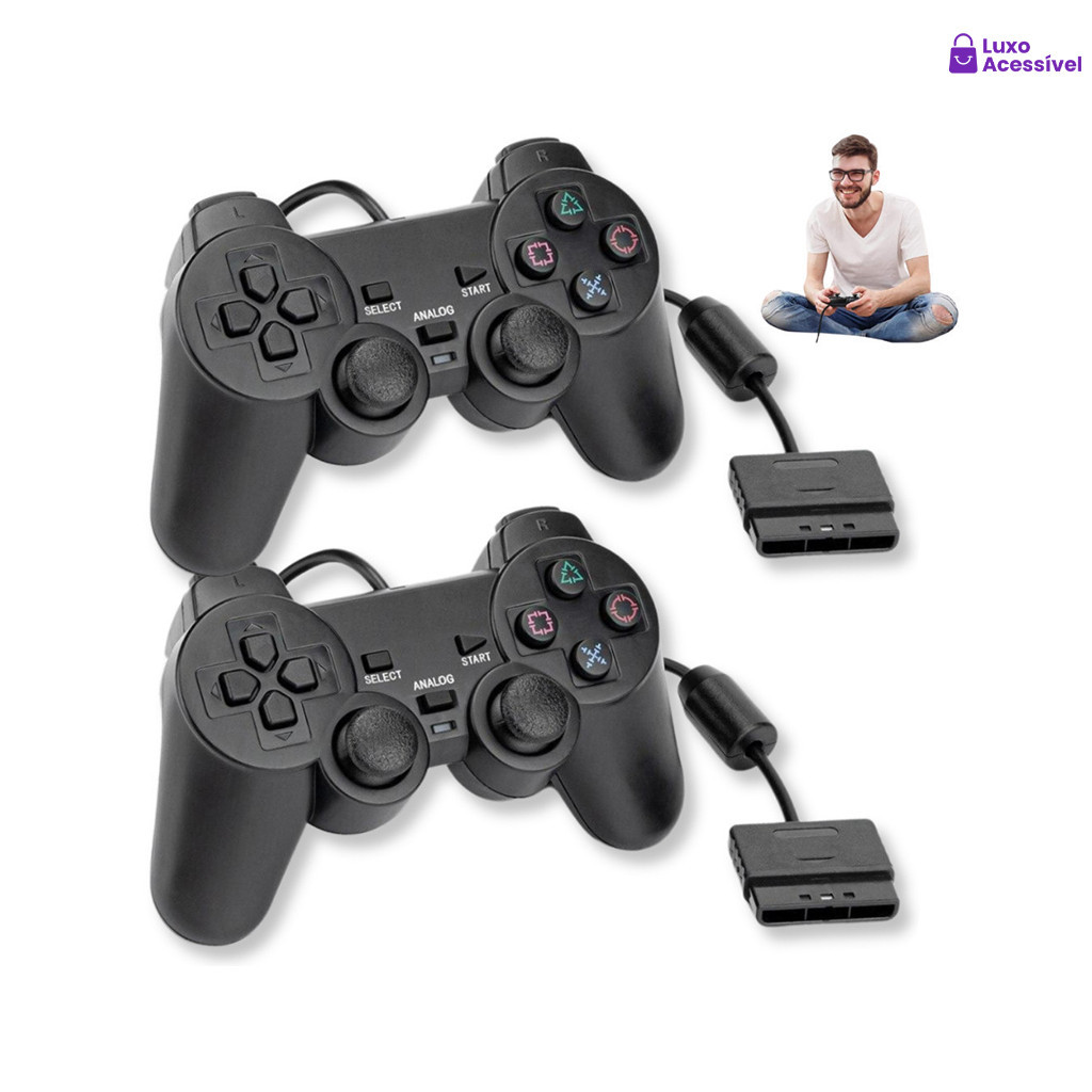 Kit 2 Controles PS2 Joystick Com Fio Ergonômico - Plug and Play