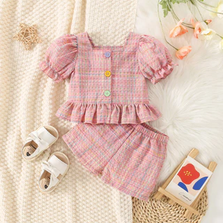 Conjunto de Roupas Baby Girl Algodão Vermelho Top com Puff Sleeves e Shorts Xadrez