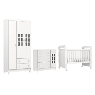 Dormitório Infantil Completo Berço Americano Mini Cama 2 em 1 Com Rodízios Para Quarto Bebê Mimo Luna Branco