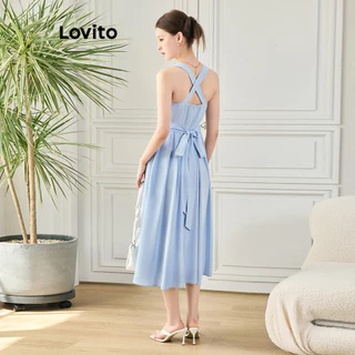 Lovito Vestido casual com laço drapeado liso para mulheres L94AD193