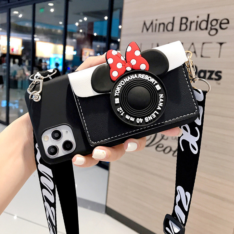 Capinha Para Motorola G53 G73 G84 G62 G54 G50 G51 G42 G34 G24 G22 G14 G04S G30 G20 G10 G9 E7 Power E14 Edge 40 NEO 30 Ultra moto Câmera Minnie Mickey Saco De Inserção De Cartão + Alça diagonal Criativa Telefone