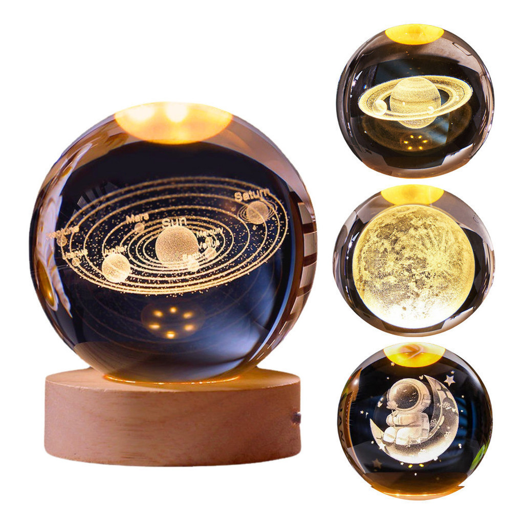 Luminária Bola De Cristal 3d Lua Galáxia Sistema Solar Lua Decoração De Mesa Base Madeira