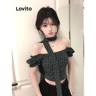 Lovito Blusa redonda casual de bolinhas para mulheres LNM73058