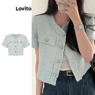 Lovito Jaqueta elegante de bolso falso com bainha crua e botão liso para mulheres L98AD185 em Promoção na Shopee Lovito Jaqueta elegante de bolso falso com bainha crua e botão liso para mulheres L98AD185