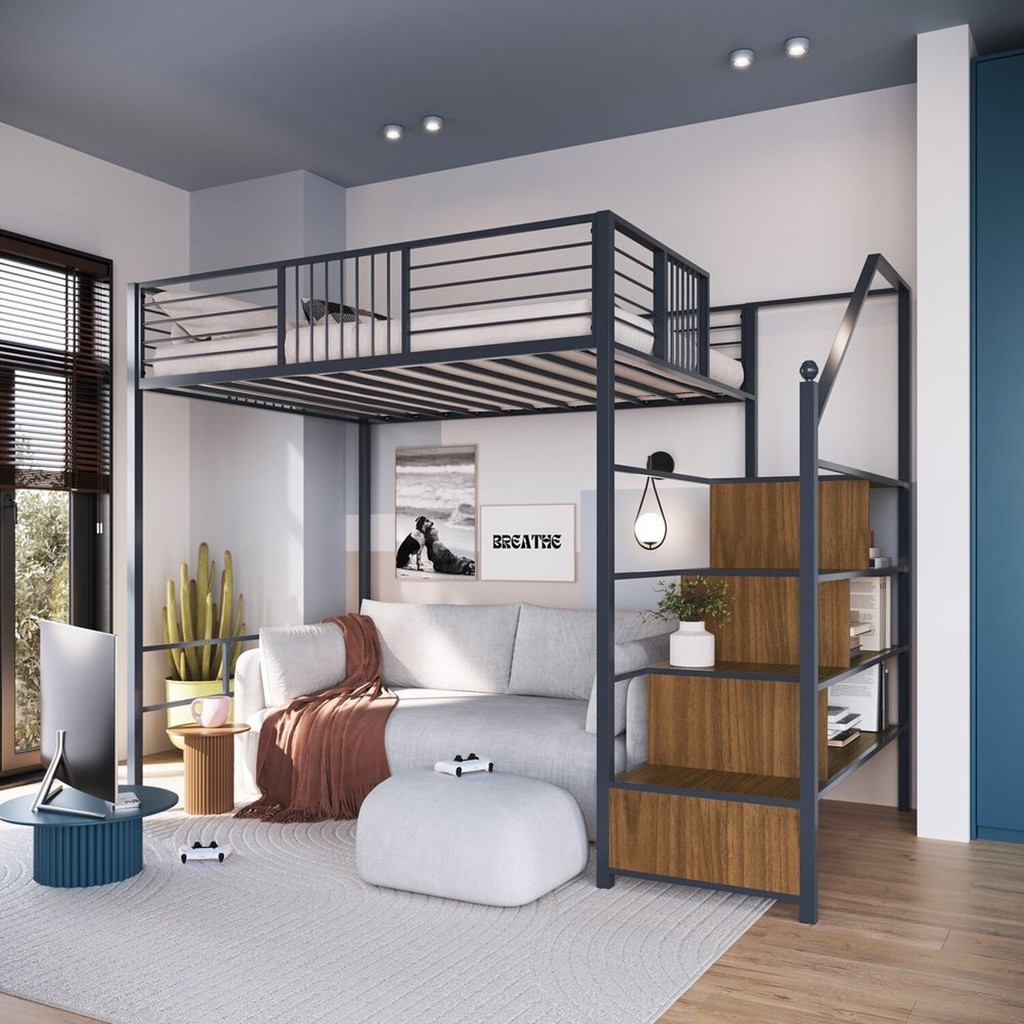 Beliche Suspenso com Escada Morgan Solteiro Cinza/Escuro