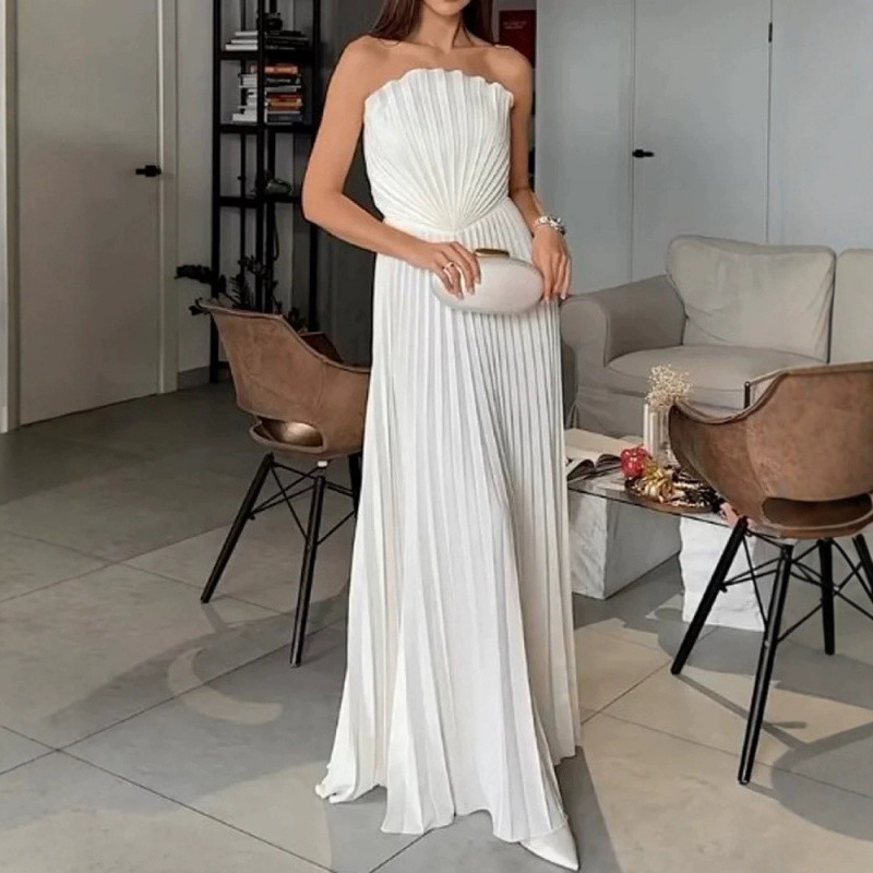 Verão Sexy Elegante Vestido Feminino Cor Sólida Plissado Grande Bainha De Festa