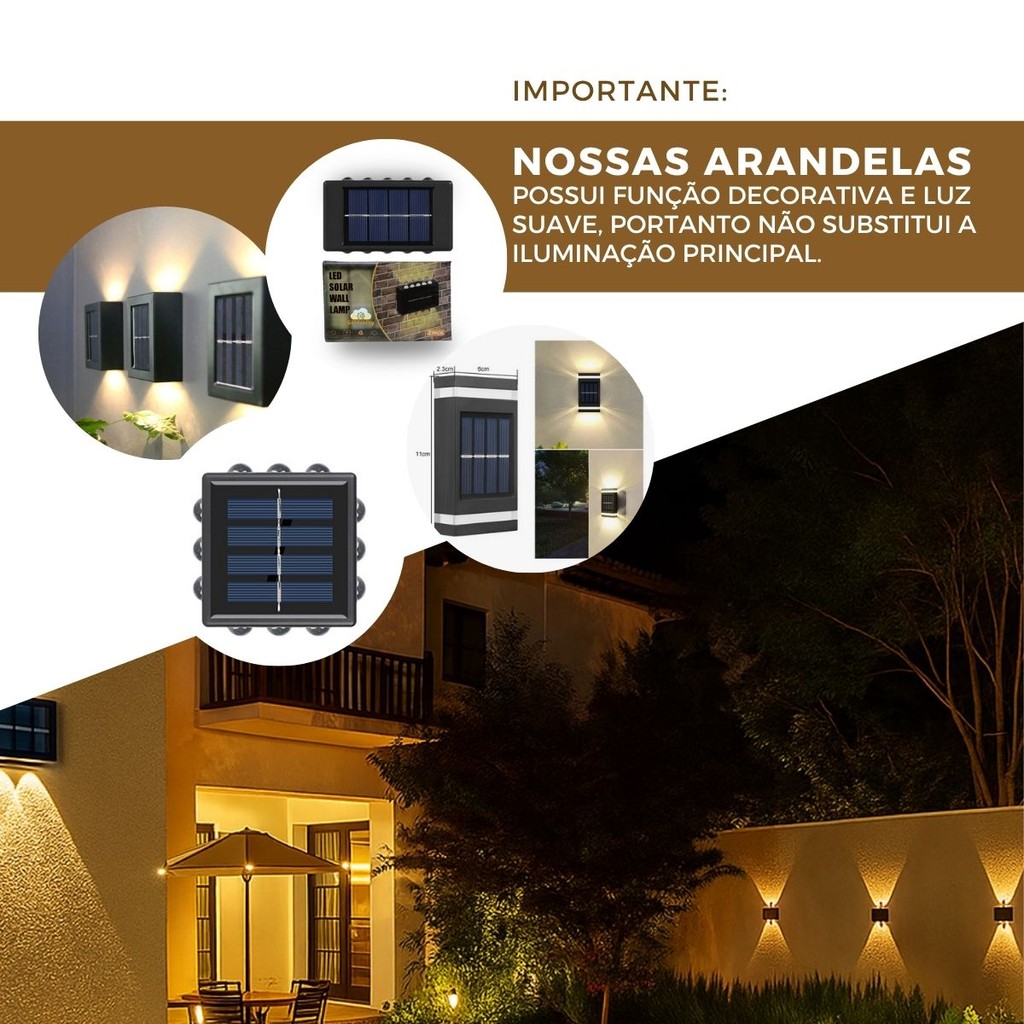Imagem do produto Kit Iluminação Arandela Solar 4 Focos Parede Slim 12 Fachos Led Externa 4
