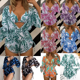 Fato de banho de três peças Impresso Europeu Americano Protetor solar feminino Praia 2024 Blusa de biquíni Novo Estilo