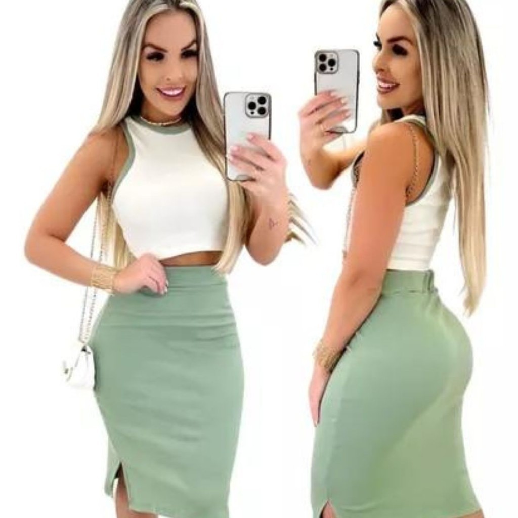 Conjunto Saia E Cropped Feminino Saia Midi Tendencia Da Moda | Shopee ...