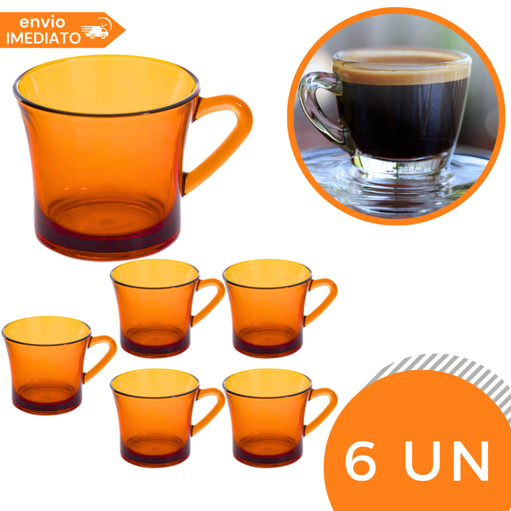 Kit 6 Xícara SINO Ambar Vidro 200ml Chá Café